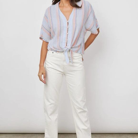 NEW Rails Thea Linen Tie Waist Blouse Biarritz Multi Stripe Medium - Picture 3 of 16